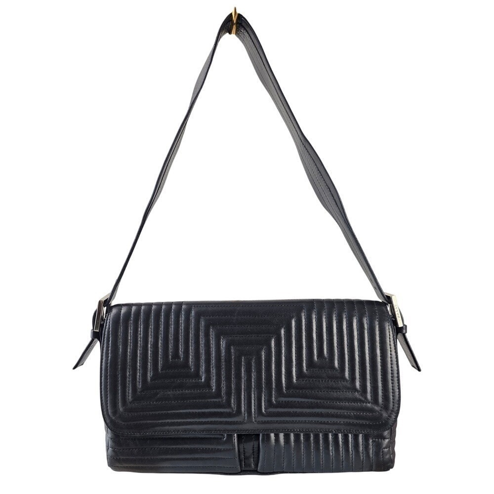 Bally Quilted Leather Shoulder Bag Purse Geometric Matellase Black Pocket Silver